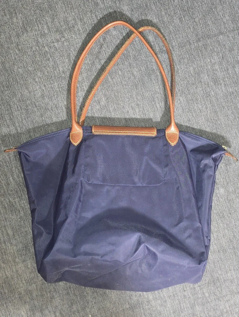 Longchamp Navy Tote with Brown Leather Trim and Colorful 'Lucky' Applique